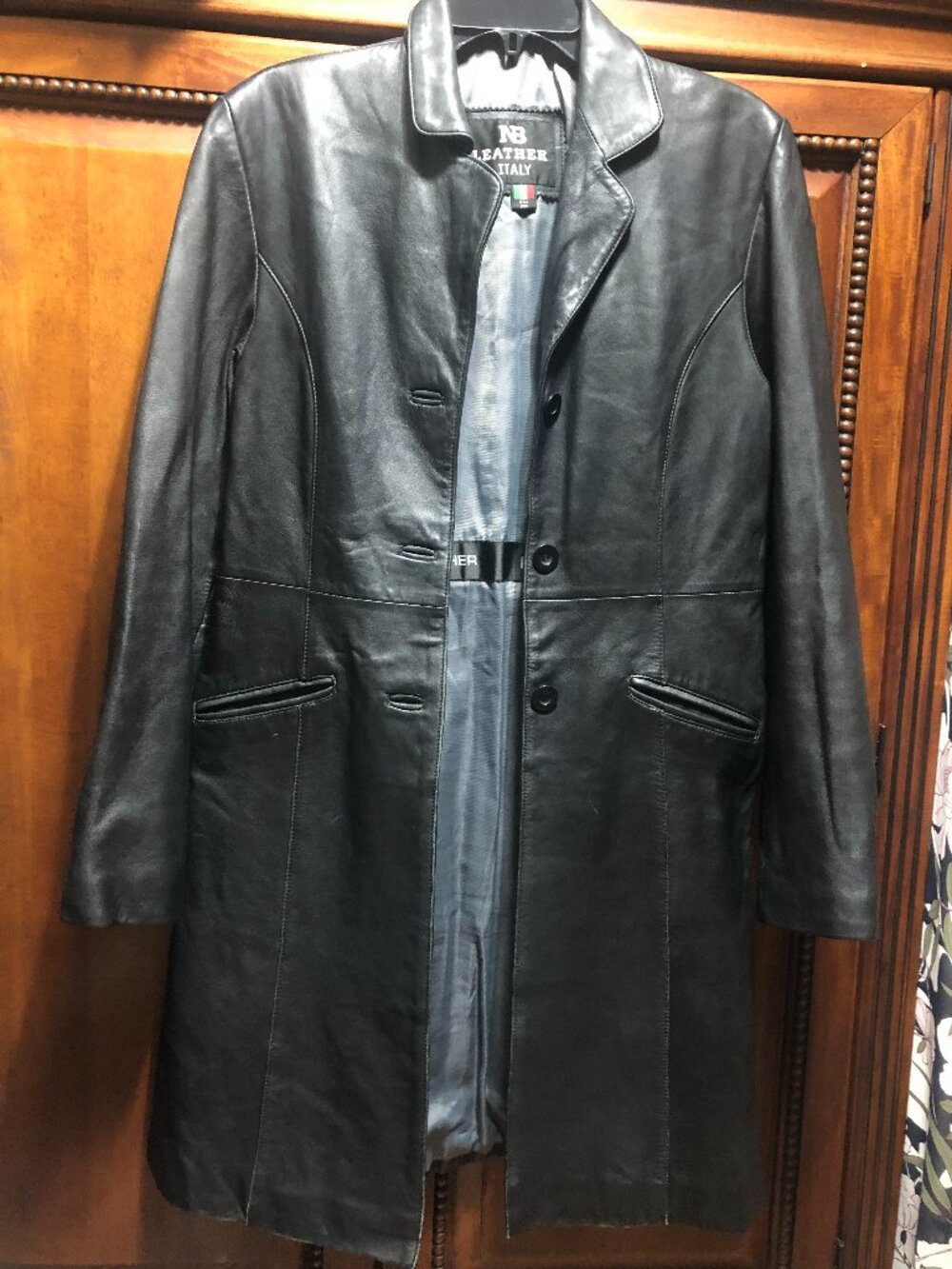 Vintage 90s NB Leather Italy Black Leather Trench Car Coat L